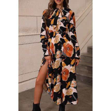 Orange Floral Print Tie Neck Long Sleeve Dress