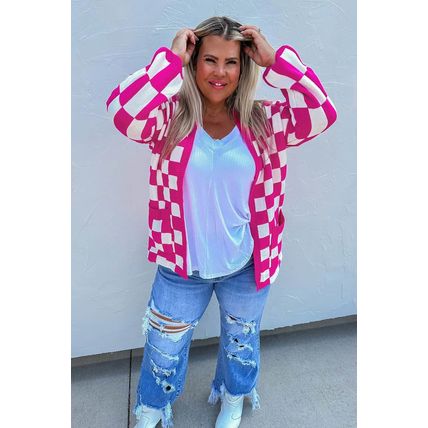 Bonbon Checkered Pattern Open Front Plus Size Cardigan