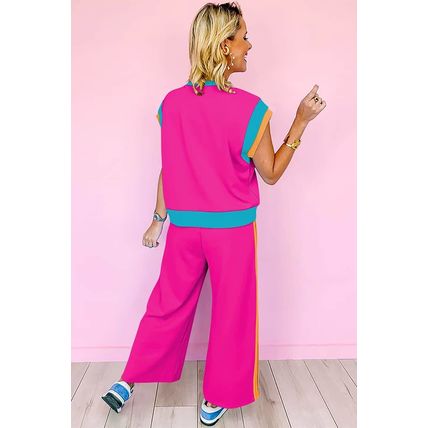 Strawberry Pink Color Block Detail Casual Two-piece Set