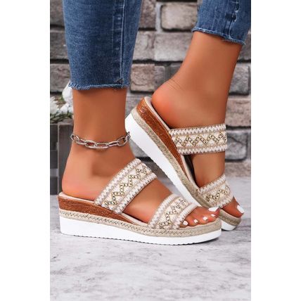 Beige Crochet Dual Band Wedge Slippers