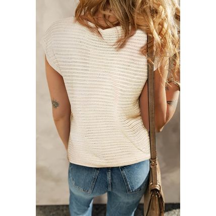 White Flower Crochet Round Neck Knitted Top