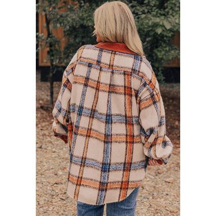 Brown Stripe Plus Size Plaid Print Collared Buttoned Jacket