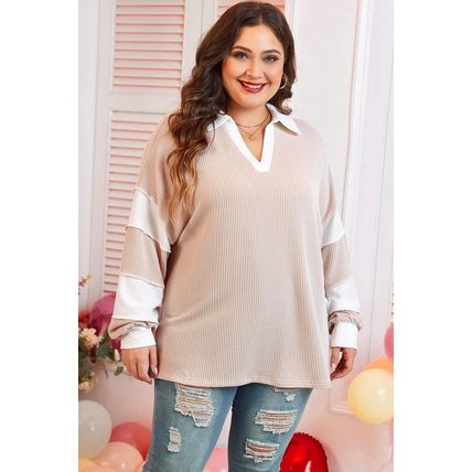 Parchment Corded Colorblock Long Sleeve Slit V Neck Plus Top