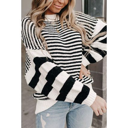 Black white Striped Drop Shoulder Bishop Sleeve Knit Sweater