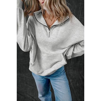 Light Grey Zip-up Stand Neck Kangaroo Pocket Sweatshirt