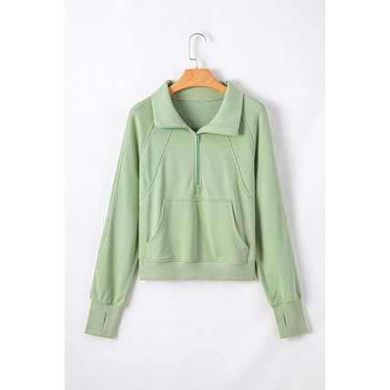 Smoke Green Quarter Zip Stand Neck Kangaroo Pocket Sweatshirt