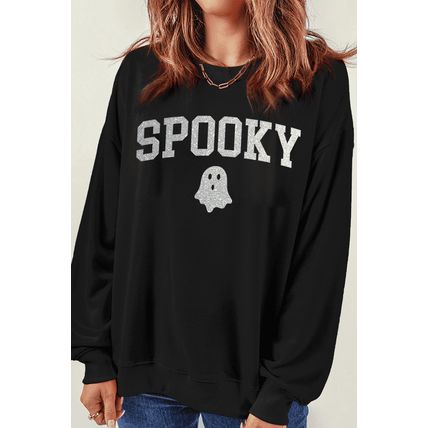 Black Glitter SPOOKY Ghost Pattern Crew Neck Halloween Sweatshirt
