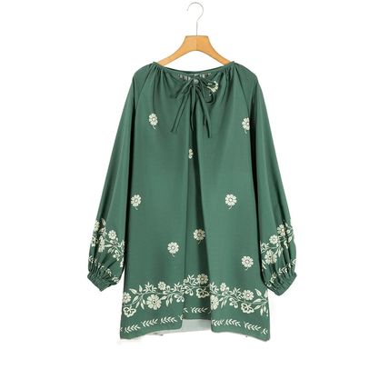Mist Green Tie Neck Boho Floral Pattern Puff Sleeve Shift Dress