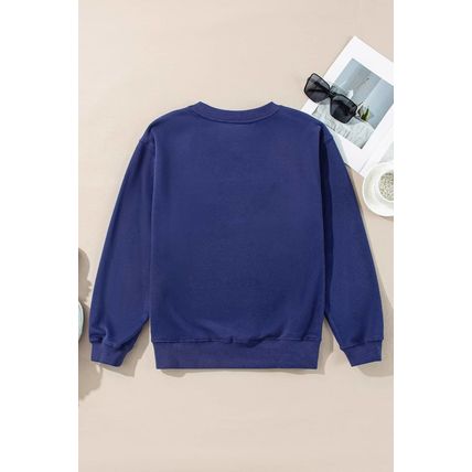 Navy Blue Plain Drop Shoulder Crewneck Pullover Sweatshirt