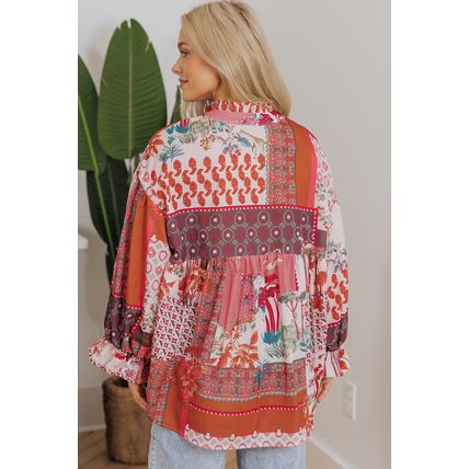 Red Boho Geometric Mixed Print Patchwork Bubble Sleeve Shirt