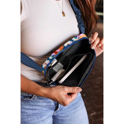 Sail Blue Flower Print Zipper Buckle Wide Strap Sling Bag