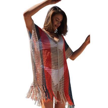 Multicolor Striped Tassel Crochet V Neck Beach Cover Up