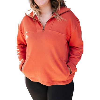 Orange O-ring Zipper Pocketed Plus Size Sweatshirt