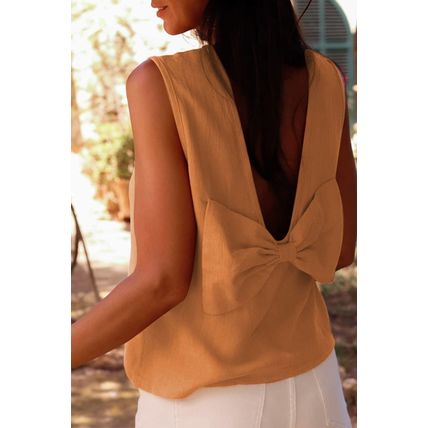 Desert Gold Bowknot V Cut Backless Cotton Tank Top