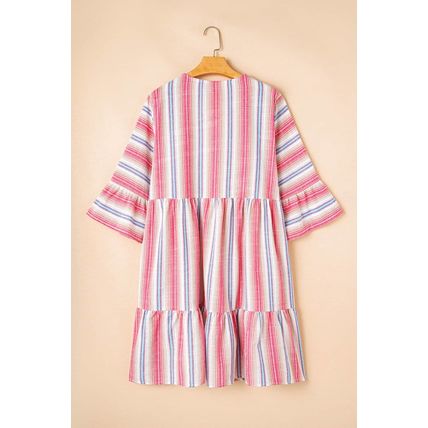 White Stripe Plus Size Embroidered Detail Flared 3/4 Sleeve V Neck Dress