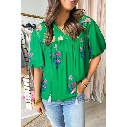 Green Floral Detail Tie Split Neck Short Sleeve Blouse