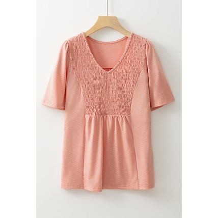 Fushia Smocked Front V Neck Pleated Babydoll Short Sleeve Top