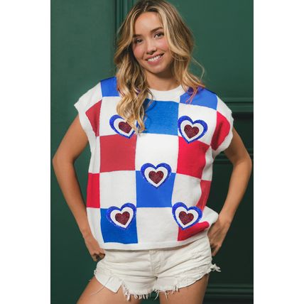 White USA Flag Inspire Colorblock Plaid Sequin Heart Graphic Short Sleeve Sweate