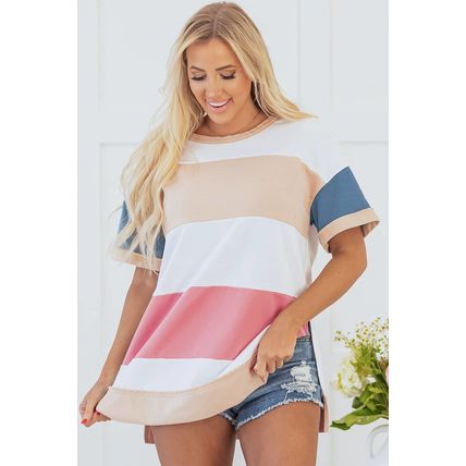 Multicolour Colorblock Patchwork Side Split Tunic T Shirt