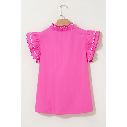 Bright Pink Contrast Scallop Trim Layered Short Sleeve V Neck Blouse