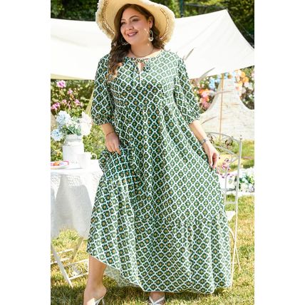Green Geometric Floral Print Half Sleeve Plus Size Maxi Dress