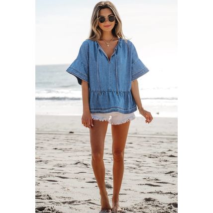 Dusk Blue Denim Ruffled Sleeve Lace up Front Peplum Top