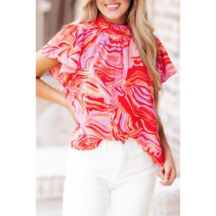 Red Abstract Print Ruffled Short Sleeve Mock Neck Blouse