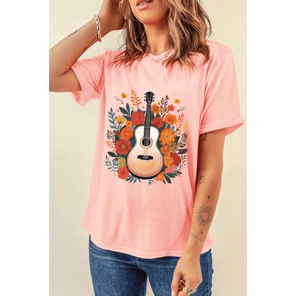 Pink Guitar Flower Print Crew Neck Loose T Shirt