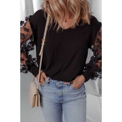 Black Flower Applique Mesh Long Sleeve V Neck Blouse