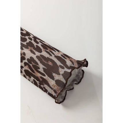 Multicolour Leopard Sheer Mesh Long Sleeve V Neck Lace-up Blouse
