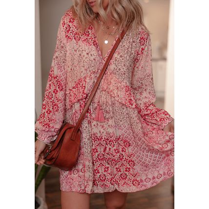 Pink Bohemian Floral Print Tassel Tie Long Sleeve Flowy Mini Dress