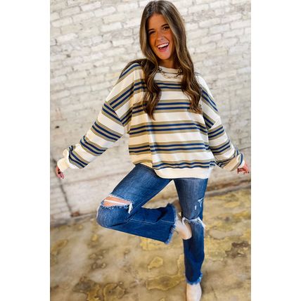 Khaki Stripe Crew Neck Drop Shoulder Pullover Sweatshirt