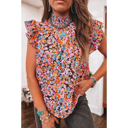 Orange Floral Print Flutter Sleeve Blouse Top