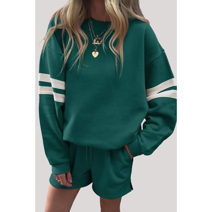 Evergreen Varsity Striped Sleeve Drop Shoulder Sweatshirt and Short Set