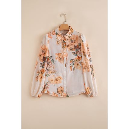 Orange Floral Puff Sleeve Lightweight Shirt