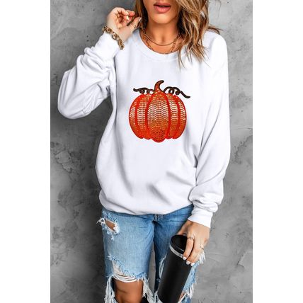 White Sequin Pumpkin Patched Casual Pullover Graphic Sweatshirt