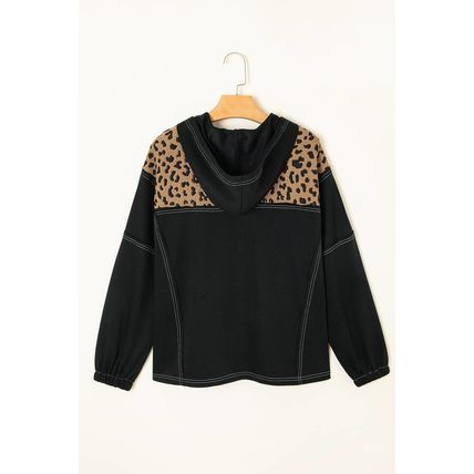 Brown Leopard Patchwork Contrast Stitching Knotted Cuff Quarter Zip Hoodie