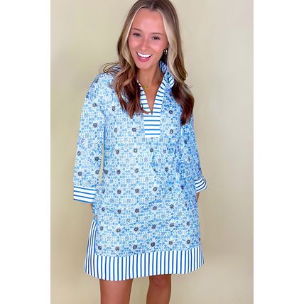 Sky Blue Contrast Striped Trim Floral Shift Fit Fall Dress