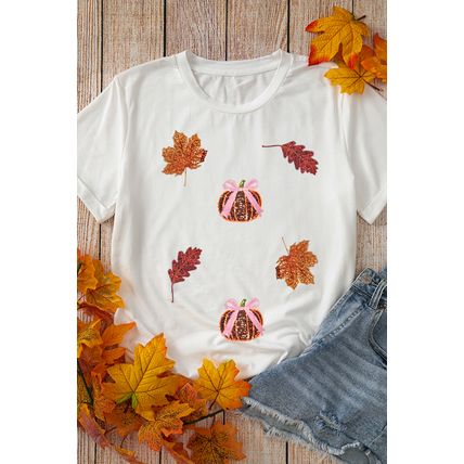 White Sequined Pumpkin Leaves Fall Vibe Graphic T Shirt