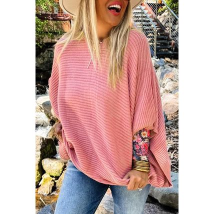 Light Pink Ribbed Knit Half Sleeve Plus Size Poncho Style Sweater