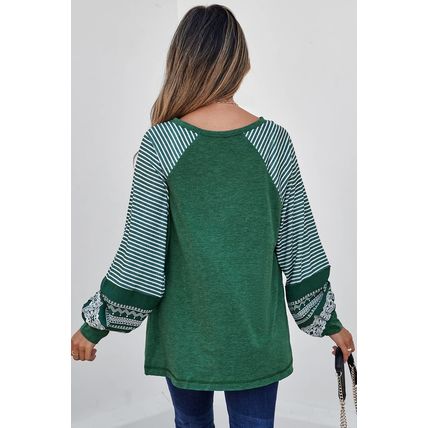 Blackish Green Contrast Print Striped Raglan Long Sleeve Loose Top