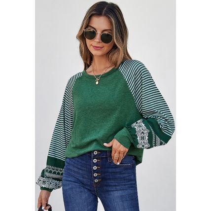 Blackish Green Contrast Print Striped Raglan Long Sleeve Loose Top