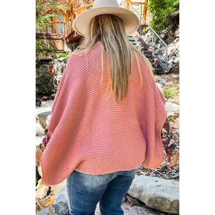 Light Pink Ribbed Knit Half Sleeve Plus Size Poncho Style Sweater