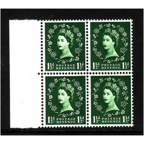 GREAT BRITAIN 1952 SG 517 1 1/2d GREEN TUDOR CROWNS BLOCK 4 U/M MINT