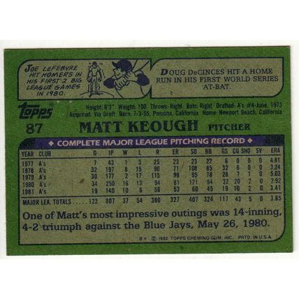 1982 Topps baseball card 87 Matt Keough - Athletics