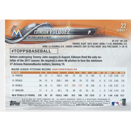 2018 Topps Baseball Base 22 Edinson Volquez Miami Marlins