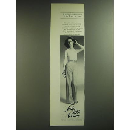 1974 Saks Fifth Avenue Pat Sandler T-Shirt and Pants Ad - A sophisticated view