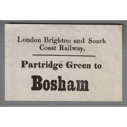LONDON BRIGHTON & SOUTH COAST RLY LUGGAGE LABEL- PARTRIDGE GREEN to BOSHAM