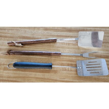 Mr Cheftender 2 Stainless Steel Long Wood Handled Grilling Tools + 1 Other