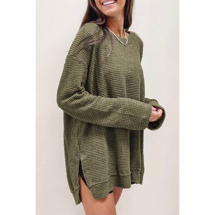 Green Waffle Knit High Slits Oversized Top